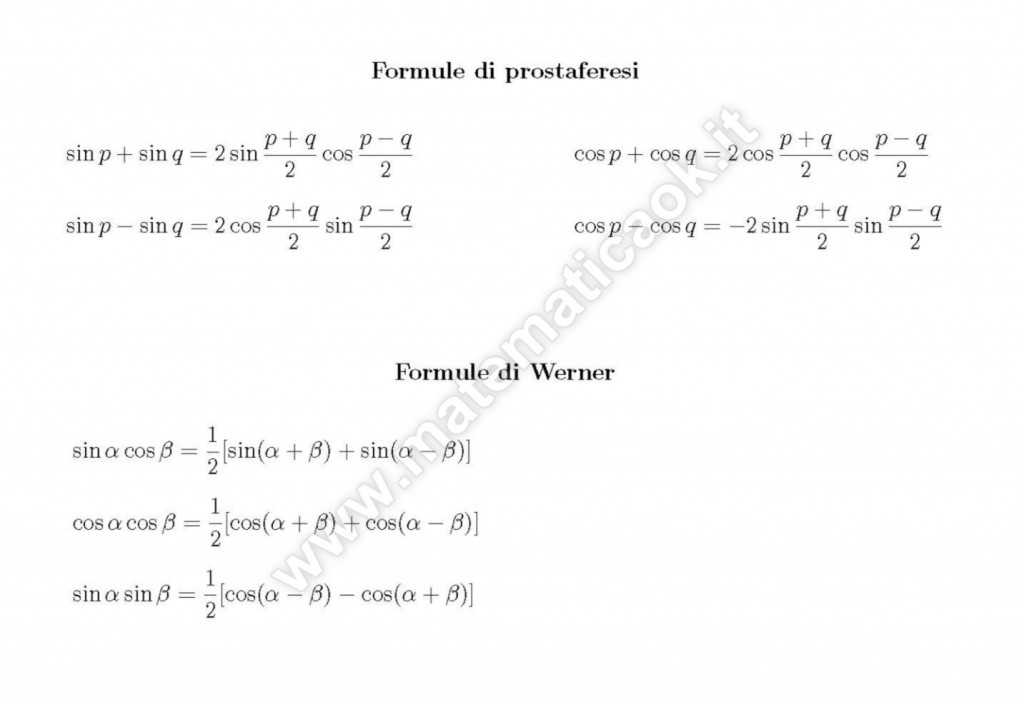 Funzioni goniometriche: formule di prostaferesi e Werner